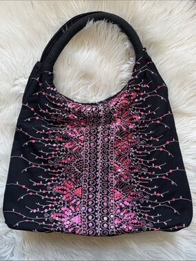 Early 2000s Y2K Far Nine Black Embroidered Pink Sequin Hobo Purse